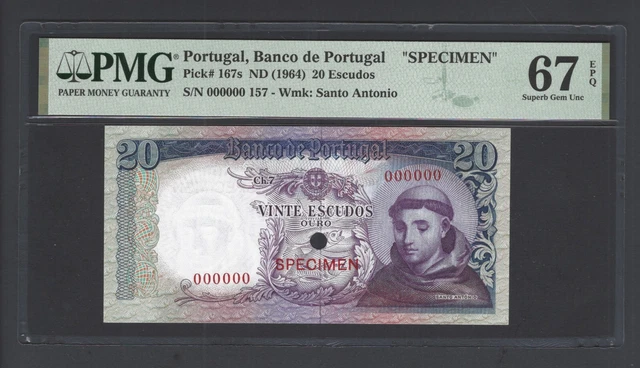 Portugal 20 Escudos ND(1964) P167s  Specimen" Uncirculated Grade 67 Top Pop