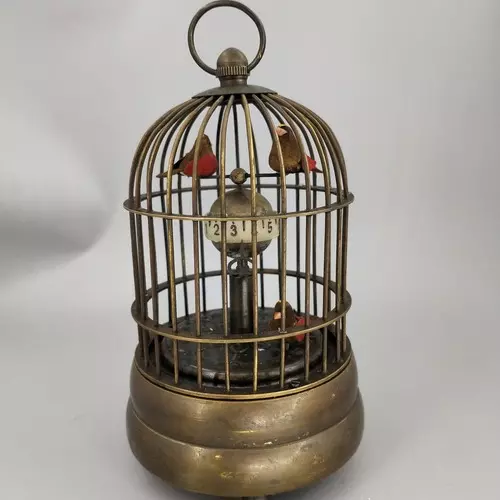 Collectible Decorate Old Handwork Copper Two Bird In Cage Mechanical Table Clock