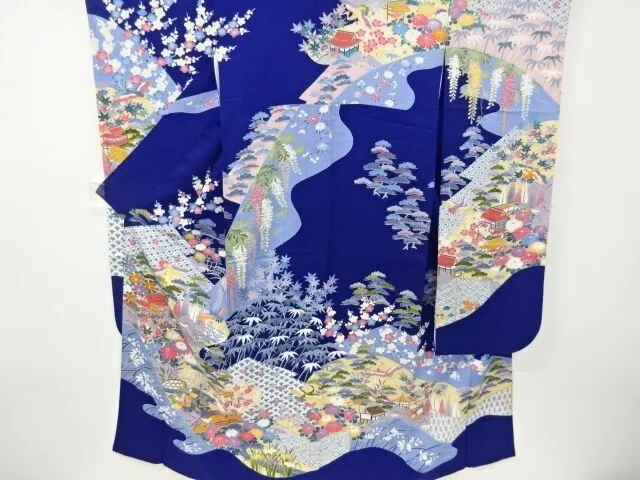6351766: Japanese Kimono / Vintage Furisode / Cranes & Floral Plants