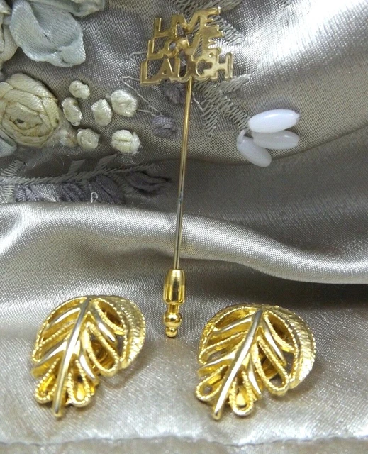 Vintage Costume 2 Pc Lot Clipon Earrings Leaf Hat Pin Gold tone Live Laugh Love