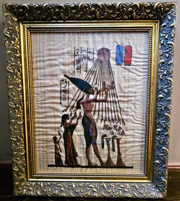 Hand Painted Ancient Egyptian Papyrus Art Signed and Framed 21x25”