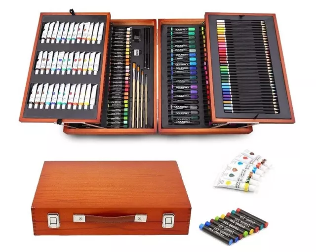 Kit de peinture 220 pièces mallette de dessin en bois crayons pastels  pinceaux