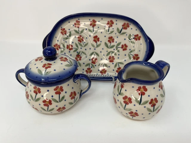 Boleslawiec Polish Pottery 4pc Set Serving Dish Creamer Sugar Bowl Lid