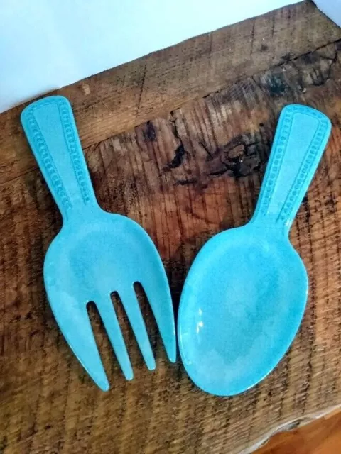 Servidores de ensaladas utensilios de lanzamiento cuchara y tenedor de cerámica 2 piezas - en turquesa 3