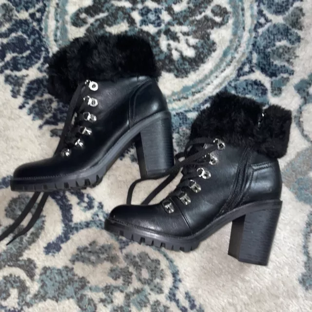 Guess Boots High Heel Fur Ankle Womens Size 7 1/2 M Black