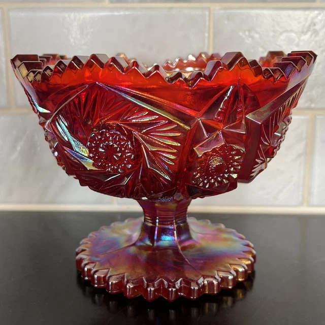VINTAGE LE SMITH Ruby Red Carnival Glass Iridescent Footed Pedestal