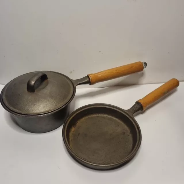 Vintage Wooden Handle & Cast Iron Le Creuset Skillet & Sauce Pan 6in