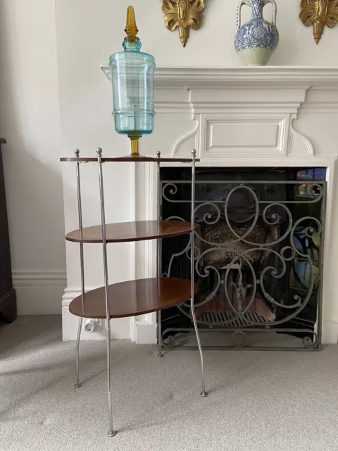 A Stylish French Mid Century 3 Tier Mahogany Etagere Stand, C1950s Chrome Legs