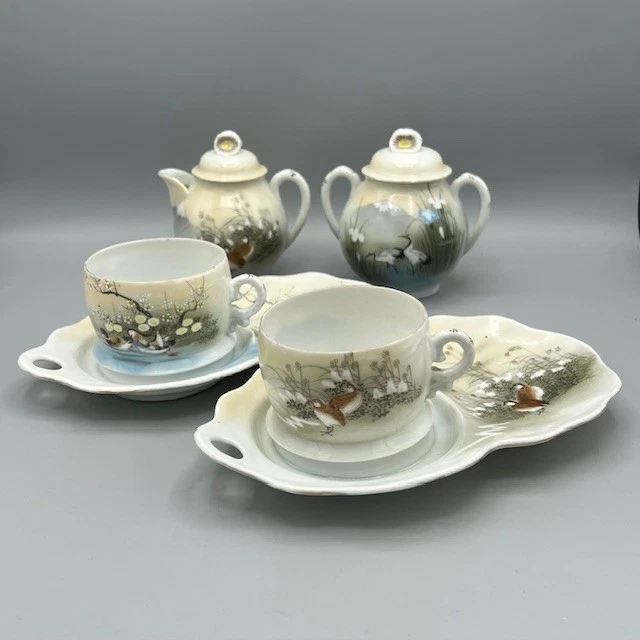 Service à Café Japonais Vintage En Porcelaine Fine – 2 Tasses Et 6 Soucoupes Dorées