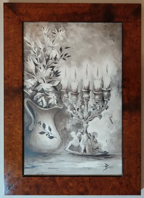 Acquerello e china su cartoncino natura morta fiori e candelabro firmato Brac