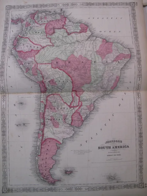 Hand Colored Map Johnson's Atlas South America Brazil Venezuela Uruguay 1863