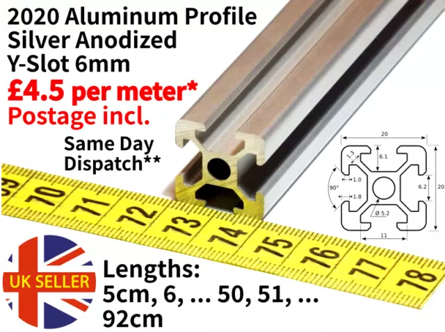 2020 Aluminium Extrusion Profile Y-SLOT - £4.5 per meter - Slot 6mm