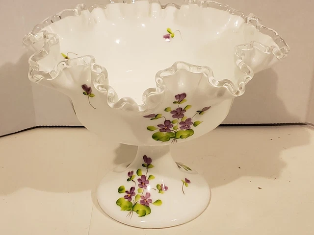 Silver crest FENTON Violets In Snow  Ruffled Edge Compote signed. #fenton #silve