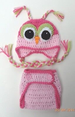 CROCHET BABY OWL HAT DIAPER  SET knit infant girl toddler beanie photo prop