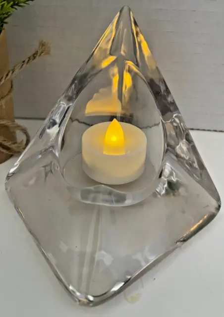 Nybro Crystal Sweden Pyramid Tea Light Candle Holder by Tord Kjellstrom 4X5"