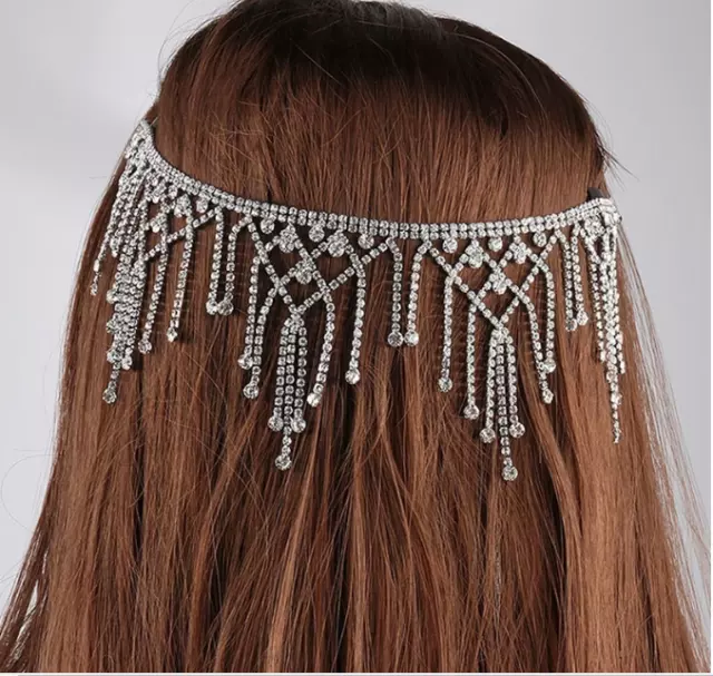 Bridal Hair Chain Tassel Bohemian Rhinestone Crystal Forehead Wedding Headpiece