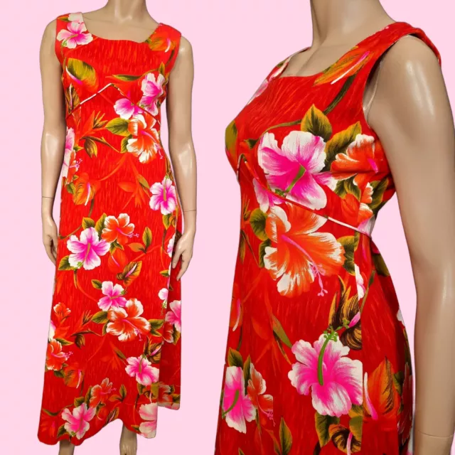 Vintage Royal Hawaiian Barkcloth Maxi Dress Womens M Sleeveless Orange Pink