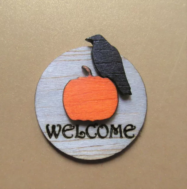 Original OOAK Mini Dollhouse Wood Welcome Sign Halloween Raven Pumpkin N Woolmer
