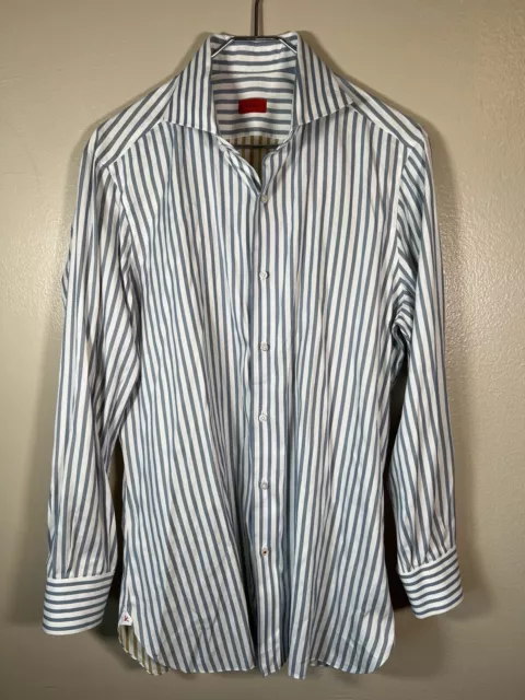 Isaia Napoli Mens Dress Shirt Size 16.5/42 Button Up Blue White Striped