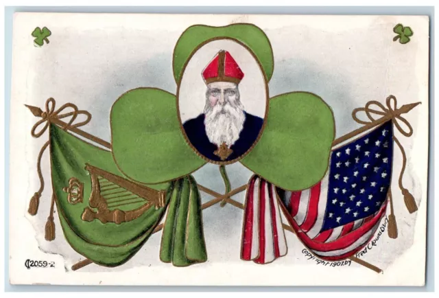 St. Patrick's Day Postcard Irish Shamrock Patriotic Flags Embossed c1910's