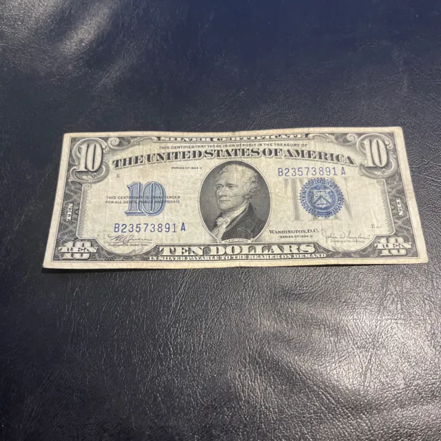 1934 Ten Dollar ($10) Silver Certificate Bill Average Circulated • B23573891A