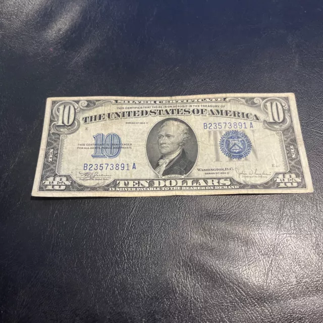 1934 Ten Dollar ($10) Silver Certificate Bill Average Circulated • B23573891A