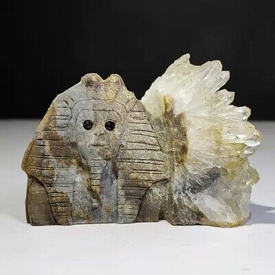 Natural crystal cluster, quartz mineral specimen, hand carving, Pharaoh