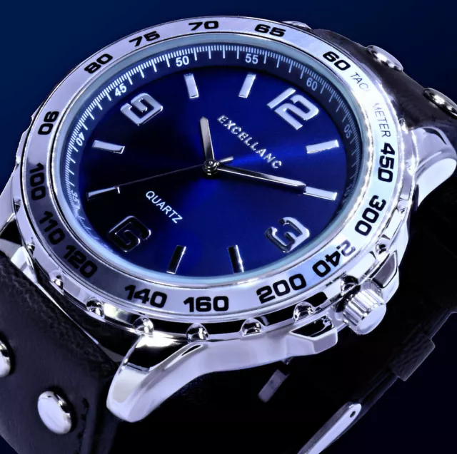 XL 50 mm Excellanc Herren Armband Uhr Anthrazit Blau Silber Farben mit Nieten