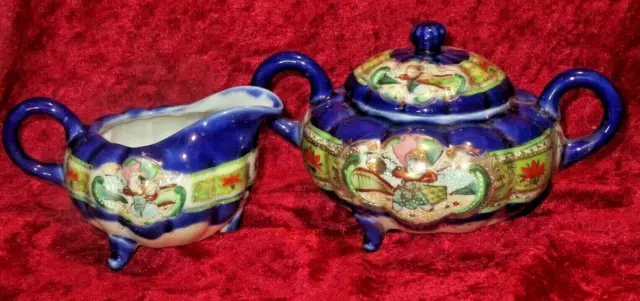 ANTIQUE UNMARKED Japan HAND PAINTED Satsuma Gold Moriage CREAMER & SUGAR BOWL