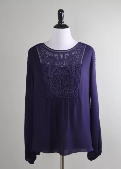 ELIE TAHARI $278 Purple Bead Embellished 100% Silk Semi Sheer Top Size Large