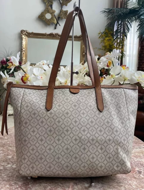 Fossil Sydney Bone Geometric Coated Canvas & Leather Tote EUC! MSRP $128