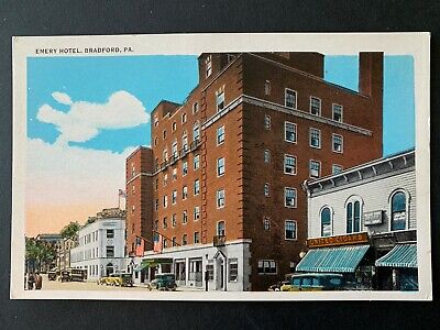 Postcard Bradford PA - c1930s Emery Hotel - Cigar Store - Old Cars