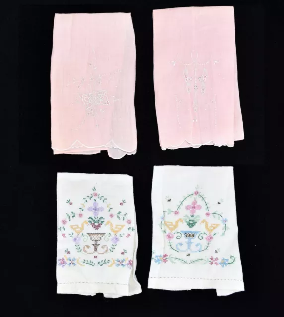 2 Pairs Vtg Embroidered 2 Pink 11x18 Linen 2 Multicolor 11x17 Cotton Hand Towels