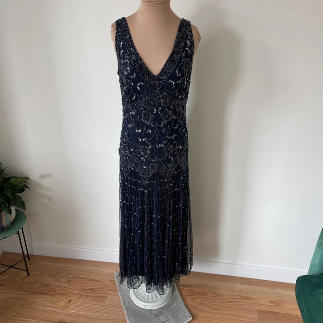 Pisarro Nights Navy Blue Beaded Sequin Embellished Mesh V-Neck Gown EUC Size 6