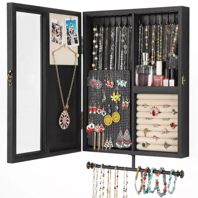 Wall Mounted Jewelry Organizer With Rustic Wood Large Space Jewelry Cabinet, ...