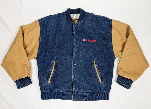 Vintage OMC Johnson Outboards Boats Motors Denim Bomber Varsity Jacket Men Small