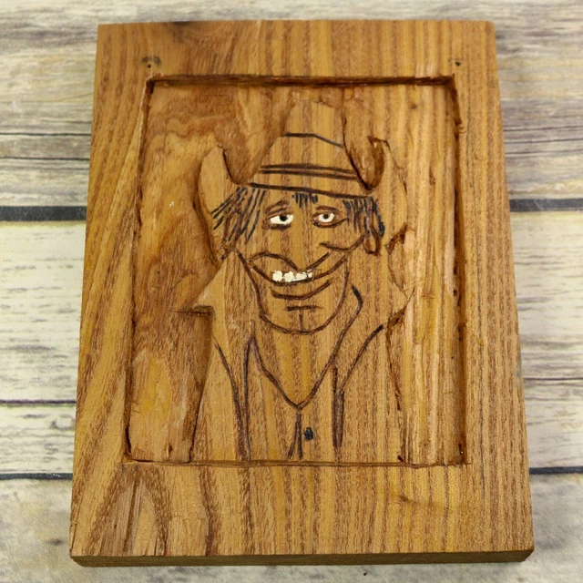 Vintage Folk Art Cowboy Relief Carving Wood Carved Outsider Western Country Farm