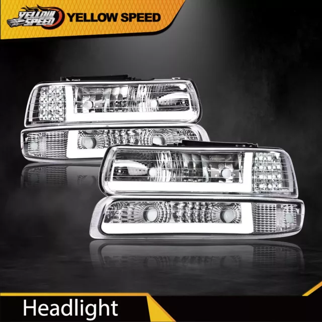 LED DRL Chrome Headlights+bumper Lamps Fit For 99-02 Chevy Silverado 00-06 Tahoe