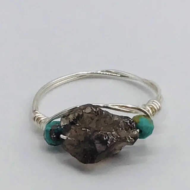 NEW Ring Raw Smoky Quartz Faceted Natural Turquoise Silver Boho Wire Wrap 8.5