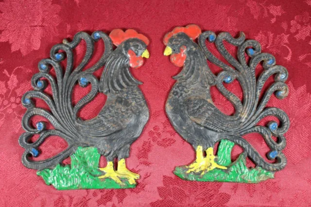 Pair of Vintage Cast Iron Roosters Hanging Kitchen Trivot/ Wall Decor