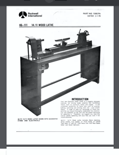 Rockwell 46-111 14/11 Wood Lathe Owner and parts list manual 21 pages 1976