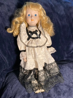Porcelain Doll 15" White Dress, Black Ribbon Black Lace, Blonde Hair & Blue Eyes
