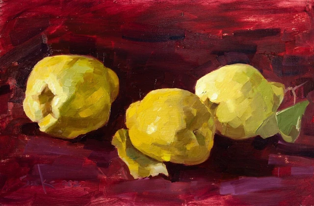 Dipinto ad olio originale, Still Life di mele cotogne, arte della cucina...