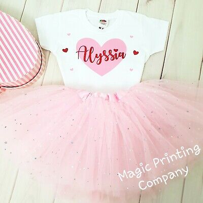 Girls Personalised Birthday outfit set Valentines T-shirt Tutu Heart 1st 2nd 3rd