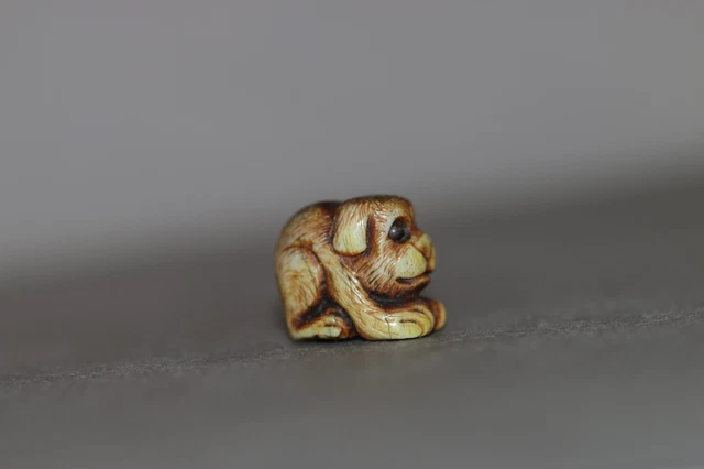 Japanese Antique  Netsuke Ojime Bead Button Puppy