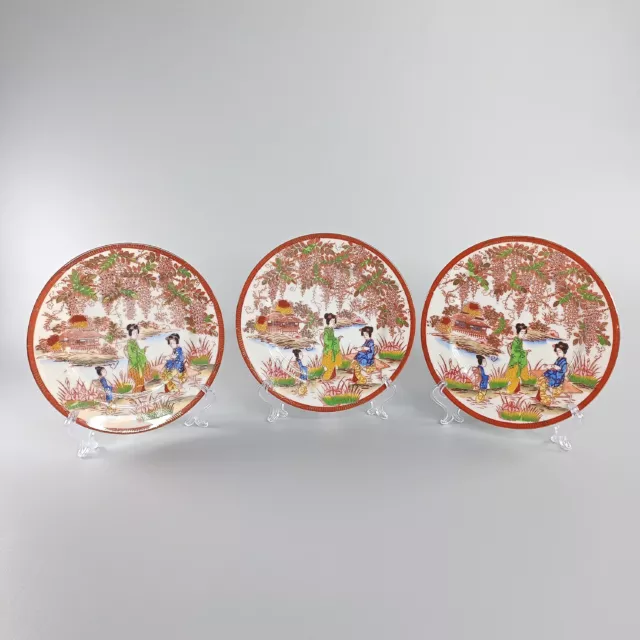 Japanese 1940s Satsuma Porcelain Plates X3 Gaisha Floral Hand Painted 18.5 cm
