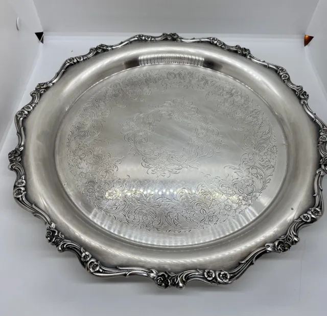 Leonard Silver Plate Etched Tray Claw Footed Pierced Sides Large Oval  14”x10”