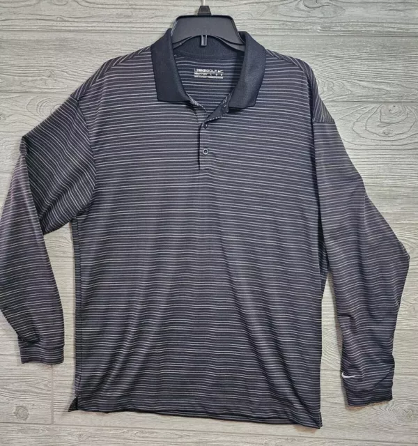 Nike Fit Dry Golf Polo Shirt Long Sleeve Gray Striped Mens Size L