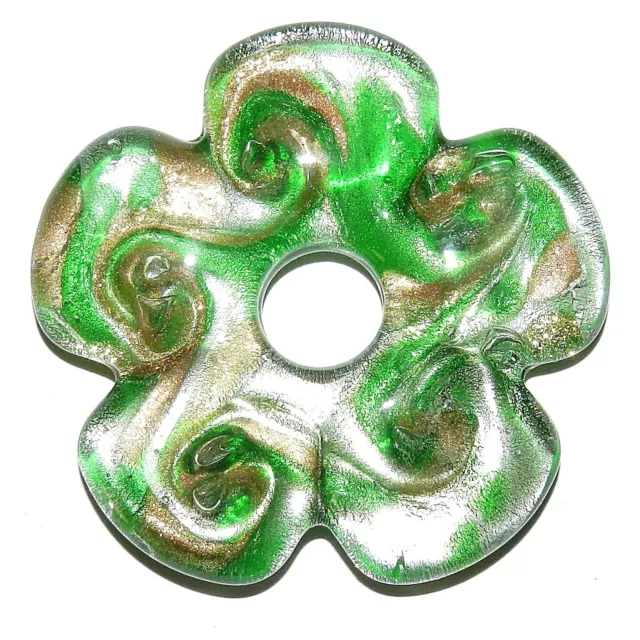 P2190 Green w Gold & Silver Foil 56mm Flower Donut Lampwork Glass Focal Pendant