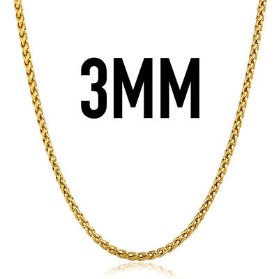 Mens Womens Braided Wheat Spiga Necklace Gold Plated Stainless Steel Chain